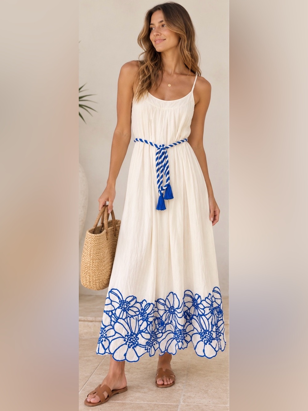Mykonos Ivory Blue Floral Embroidered Maxi Dress Belt Size M NWT